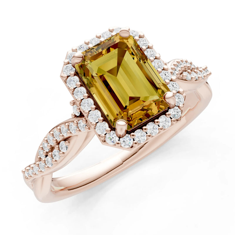 Citrine Twisted Vine Solitaire Emerald Cut Halo Ring with Accent