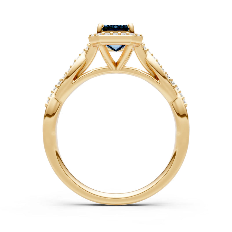 Alexandrite Twisted Vine Solitaire Emerald Cut Halo Ring with Accent