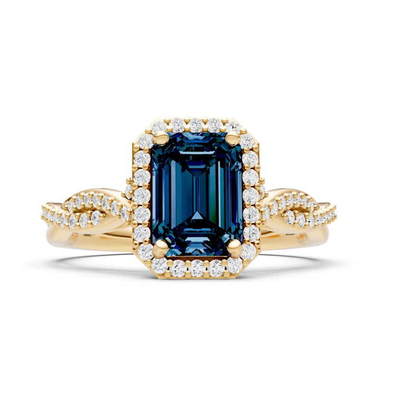 Alexandrite Twisted Vine Solitaire Emerald Cut Halo Ring with Accent