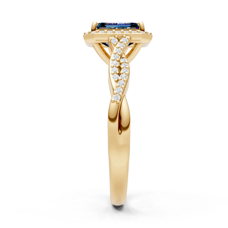 Alexandrite Twisted Vine Solitaire Emerald Cut Halo Ring with Accent
