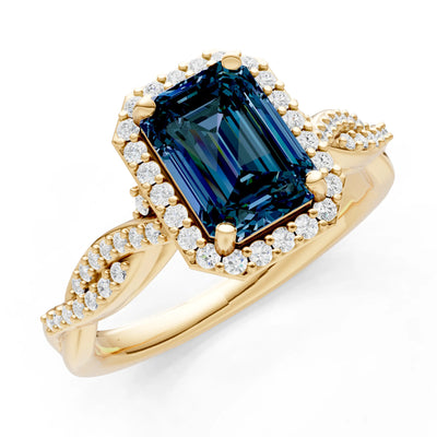 Alexandrite Twisted Vine Solitaire Emerald Cut Halo Ring with Accent