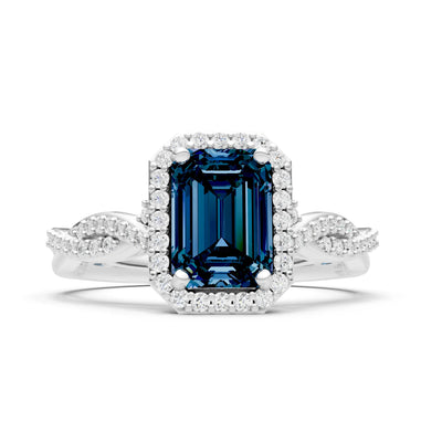 Alexandrite Twisted Vine Solitaire Emerald Cut Halo Ring with Accent