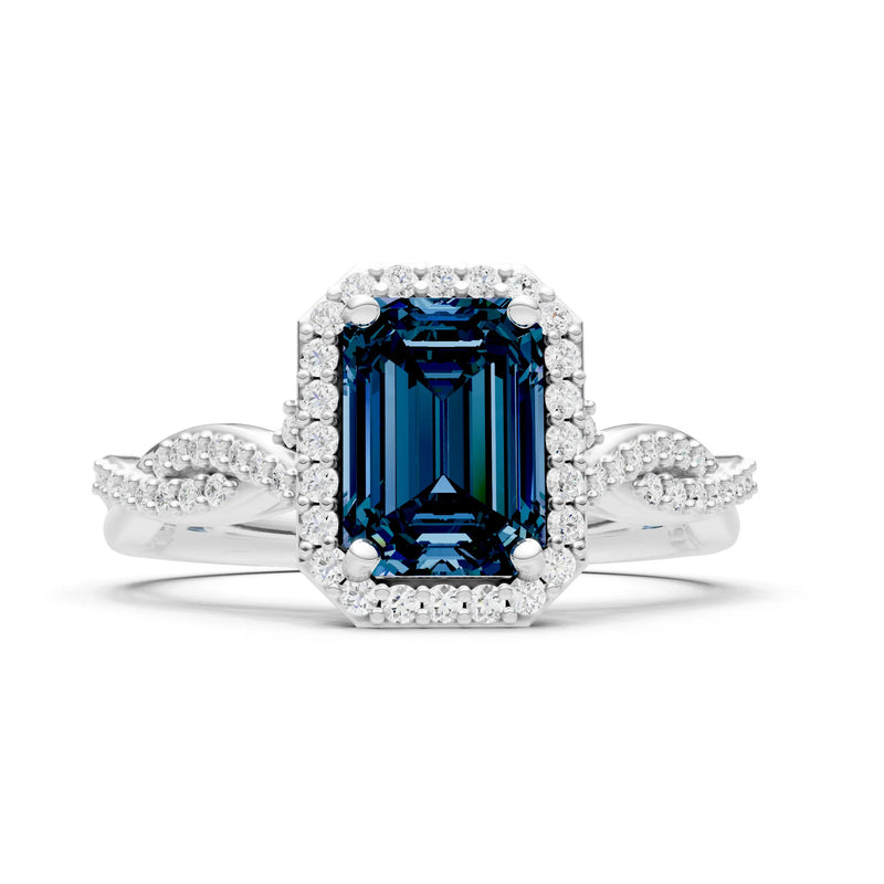 Alexandrite Twisted Vine Solitaire Emerald Cut Halo Ring with Accent
