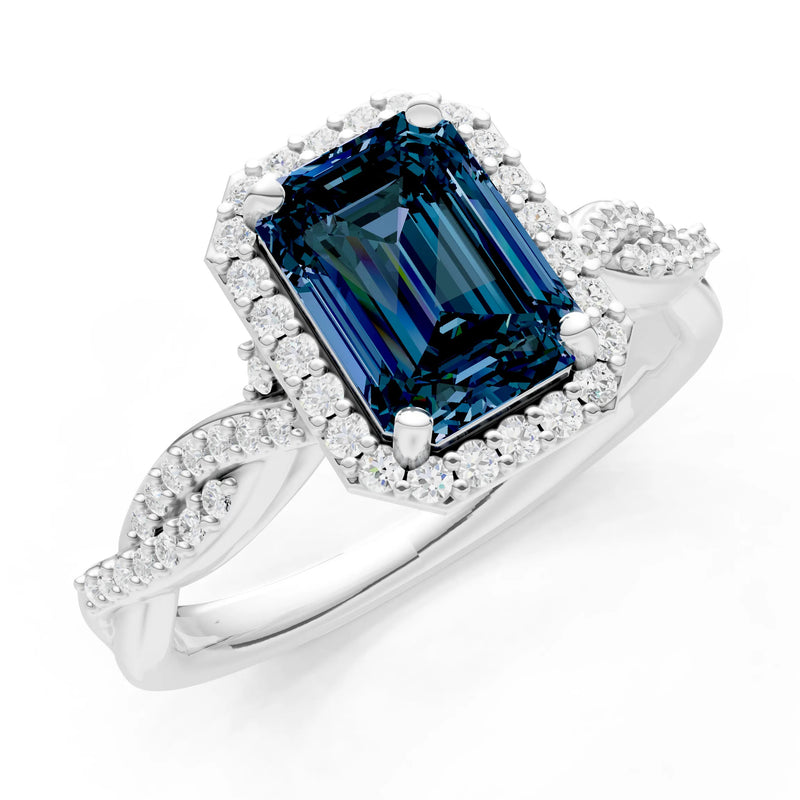 Alexandrite Twisted Vine Solitaire Emerald Cut Halo Ring with Accent