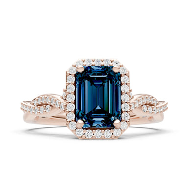 Alexandrite Twisted Vine Solitaire Emerald Cut Halo Ring with Accent