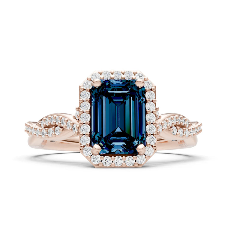 Alexandrite Twisted Vine Solitaire Emerald Cut Halo Ring with Accent