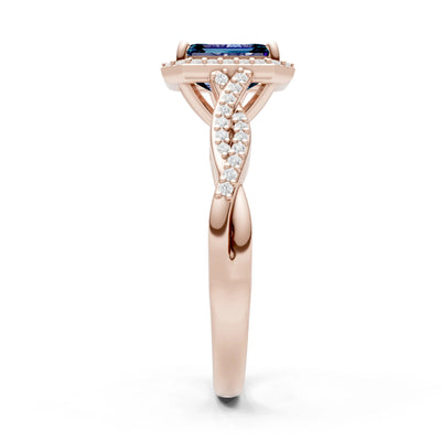 Alexandrite Twisted Vine Solitaire Emerald Cut Halo Ring with Accent