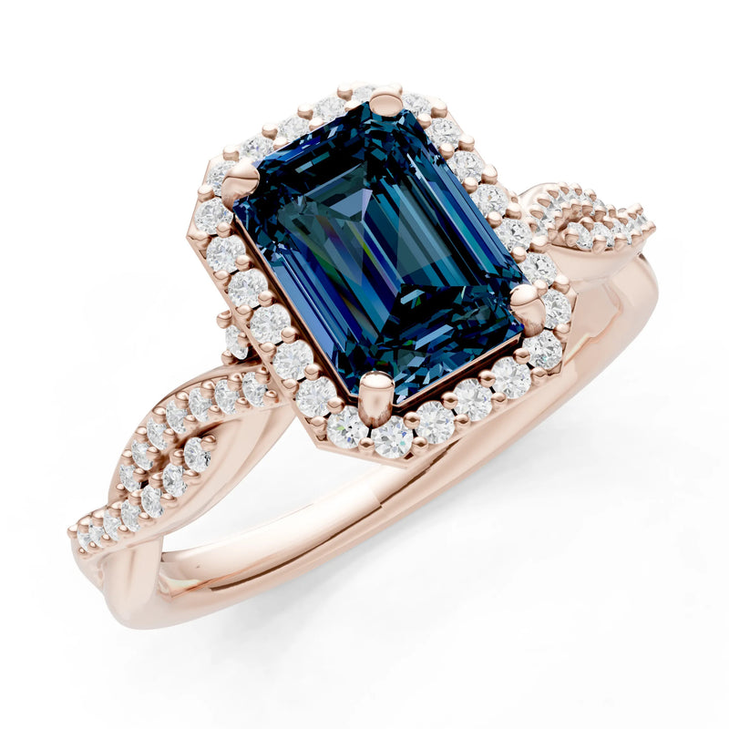Alexandrite Twisted Vine Solitaire Emerald Cut Halo Ring with Accent