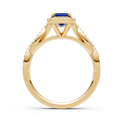 Blue Sapphire Twisted Vine Solitaire Emerald Cut Halo Ring with Accent