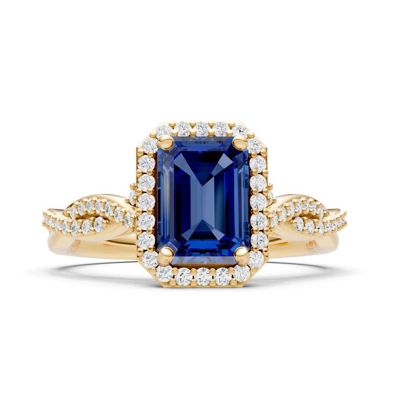 Blue Sapphire Twisted Vine Solitaire Emerald Cut Halo Ring with Accent