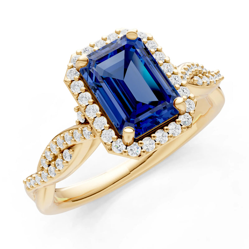Blue Sapphire Twisted Vine Solitaire Emerald Cut Halo Ring with Accent