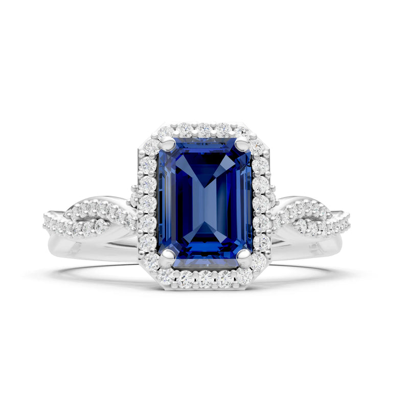 Twisted Vine Solitaire Emerald Cut Halo Ring with Accent