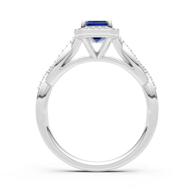 Blue Sapphire Twisted Vine Solitaire Emerald Cut Halo Ring with Accent