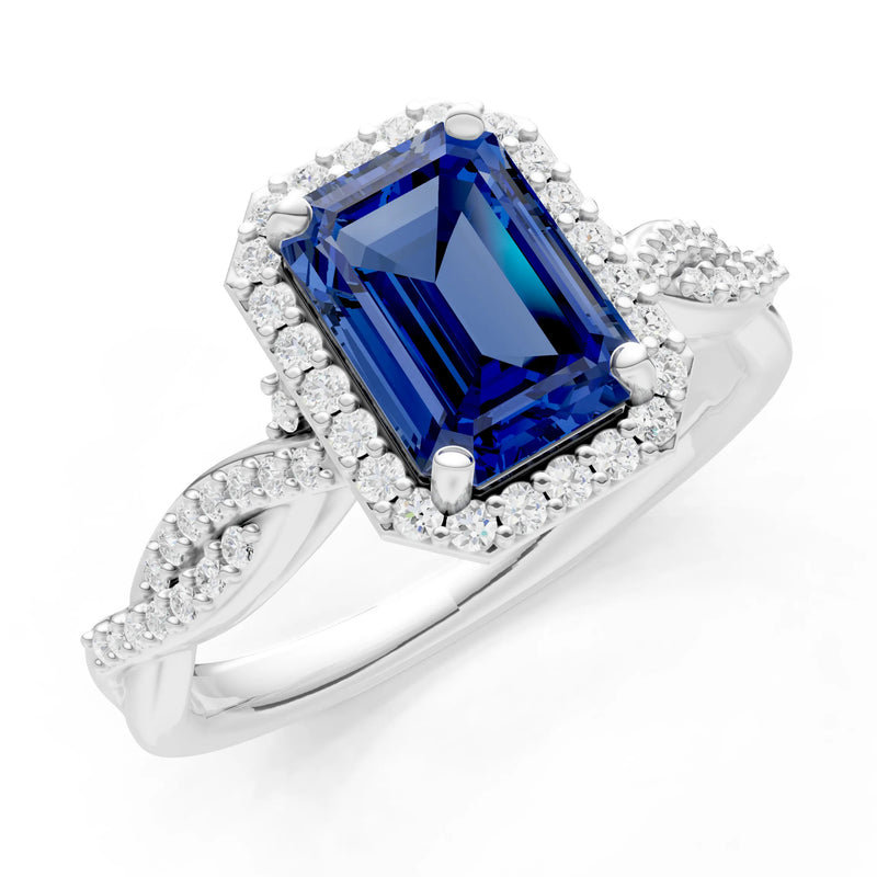 Blue Sapphire Twisted Vine Solitaire Emerald Cut Halo Ring with Accent