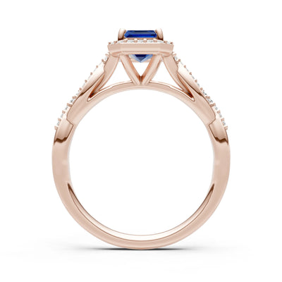 Blue Sapphire Twisted Vine Solitaire Emerald Cut Halo Ring with Accent