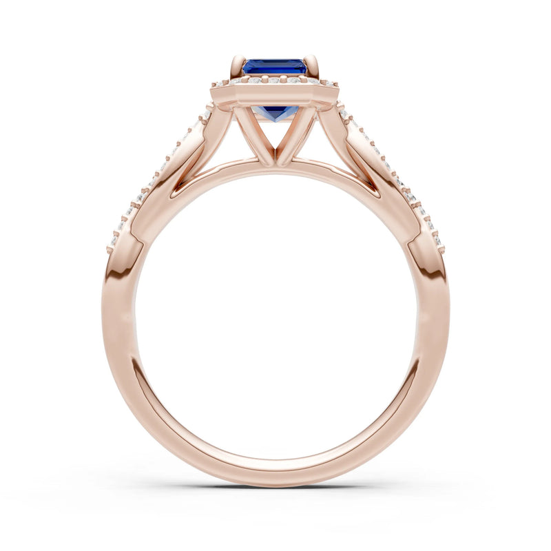 Blue Sapphire Twisted Vine Solitaire Emerald Cut Halo Ring with Accent
