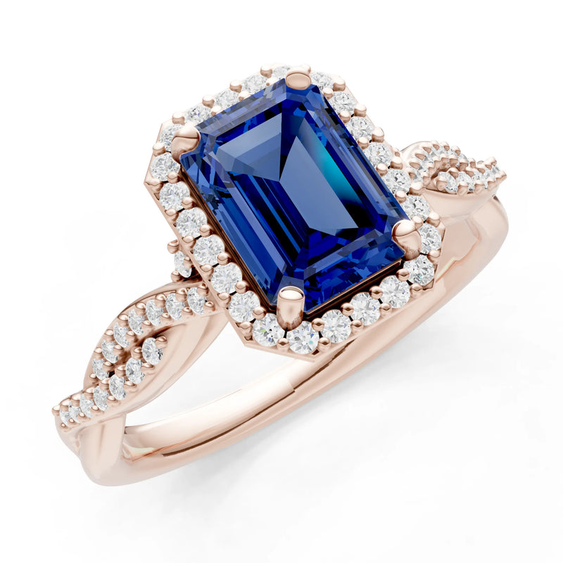 Blue Sapphire Twisted Vine Solitaire Emerald Cut Halo Ring with Accent