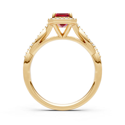 Ruby Twisted Vine Solitaire Emerald Cut Halo Ring with Accent