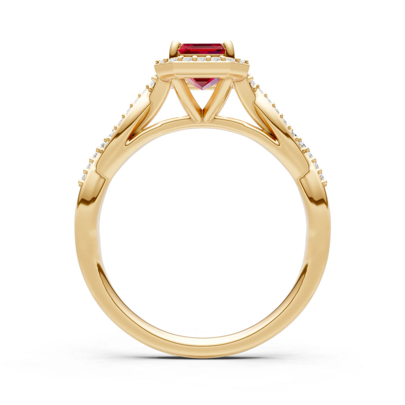 Ruby Twisted Vine Solitaire Emerald Cut Halo Ring with Accent