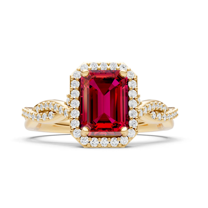 Ruby Twisted Vine Solitaire Emerald Cut Halo Ring with Accent