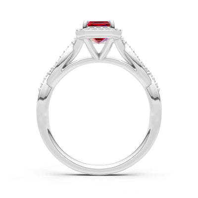 Ruby Twisted Vine Solitaire Emerald Cut Halo Ring with Accent