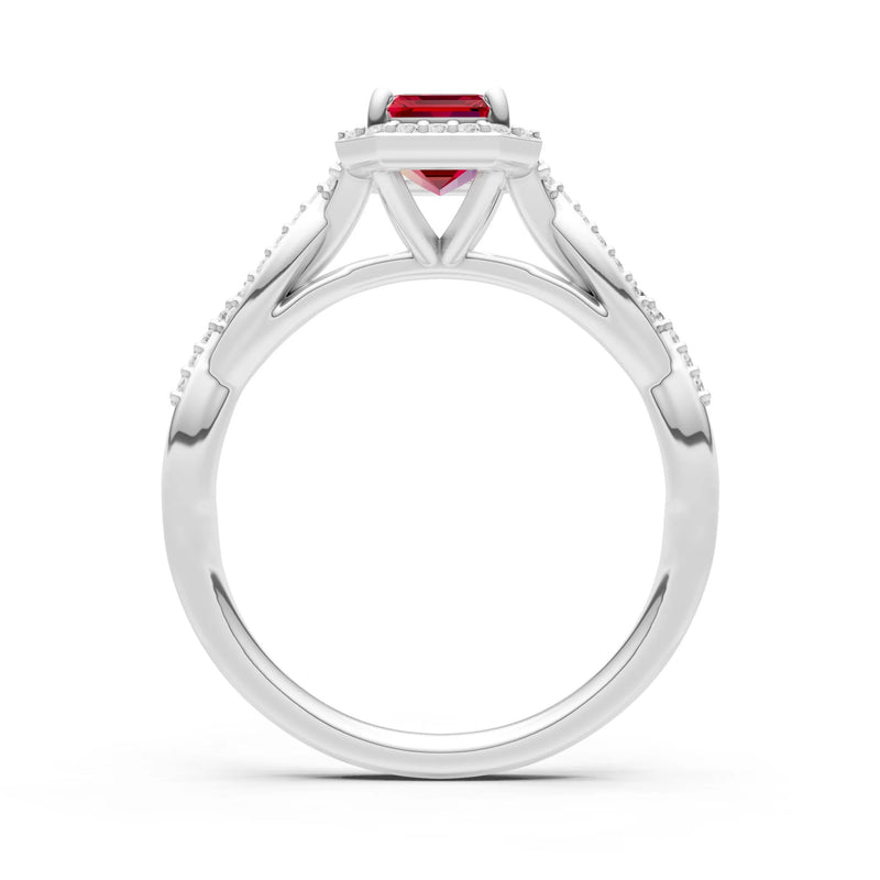Ruby Twisted Vine Solitaire Emerald Cut Halo Ring with Accent