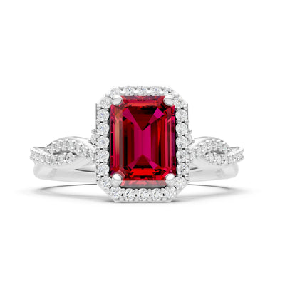 Ruby Twisted Vine Solitaire Emerald Cut Halo Ring with Accent
