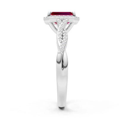 Ruby Twisted Vine Solitaire Emerald Cut Halo Ring with Accent