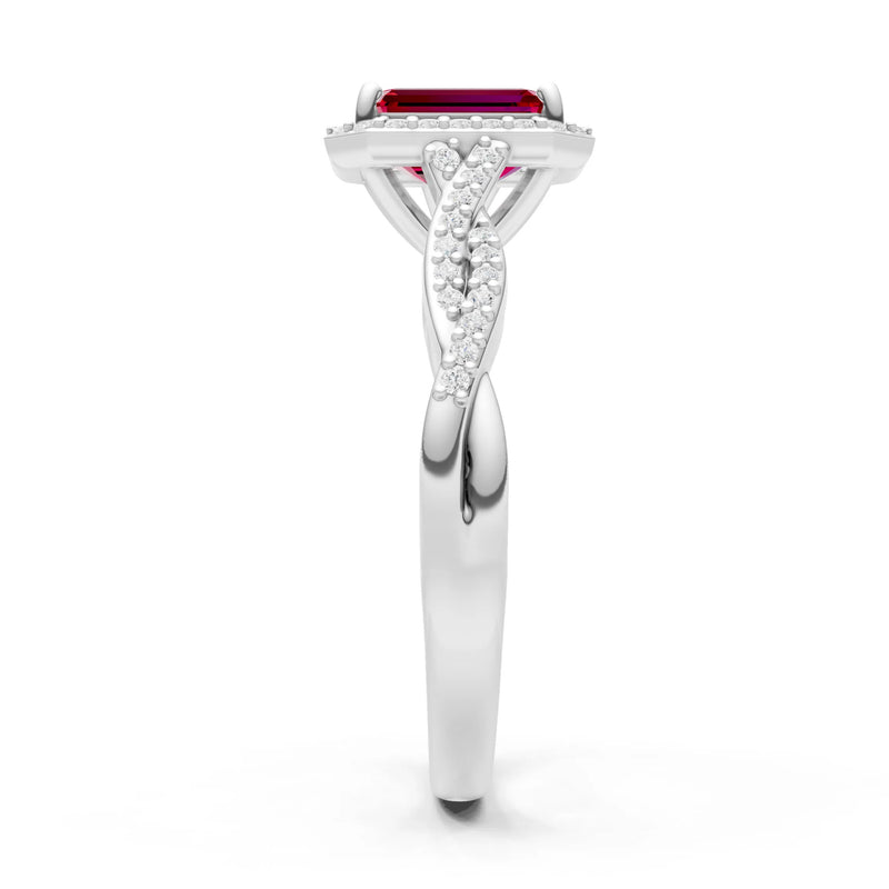 Ruby Twisted Vine Solitaire Emerald Cut Halo Ring with Accent