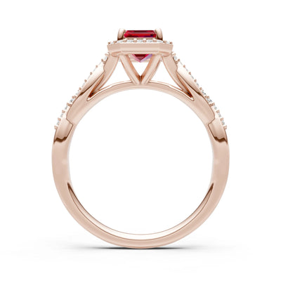 Ruby Twisted Vine Solitaire Emerald Cut Halo Ring with Accent