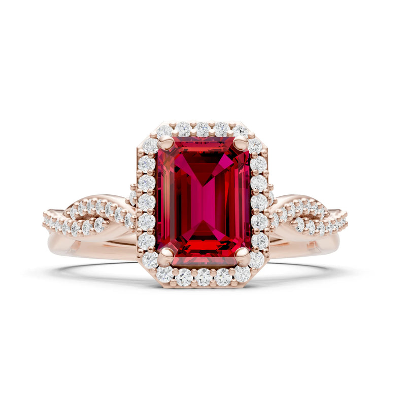 Ruby Twisted Vine Solitaire Emerald Cut Halo Ring with Accent