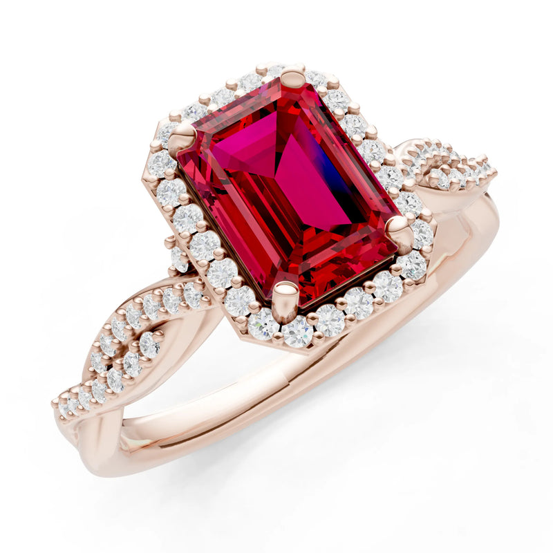 Ruby Twisted Vine Solitaire Emerald Cut Halo Ring with Accent