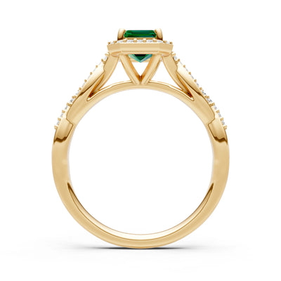 Twisted Vine Solitaire Emerald Cut Halo Ring with Accent