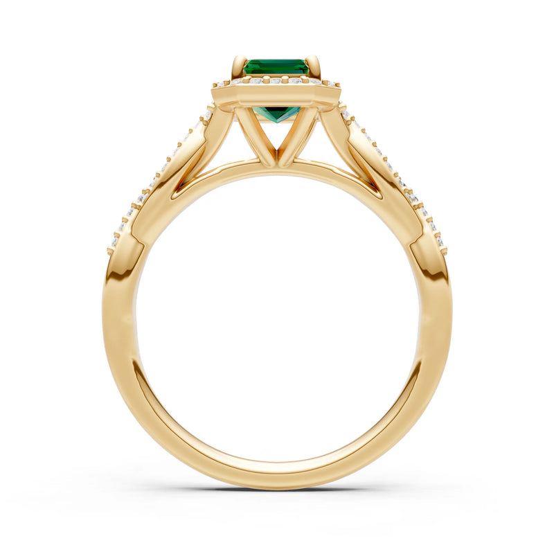 Emerald Twisted Vine Solitaire Emerald Cut Halo Ring with Accent