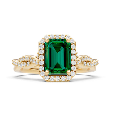 Emerald Twisted Vine Solitaire Emerald Cut Halo Ring with Accent