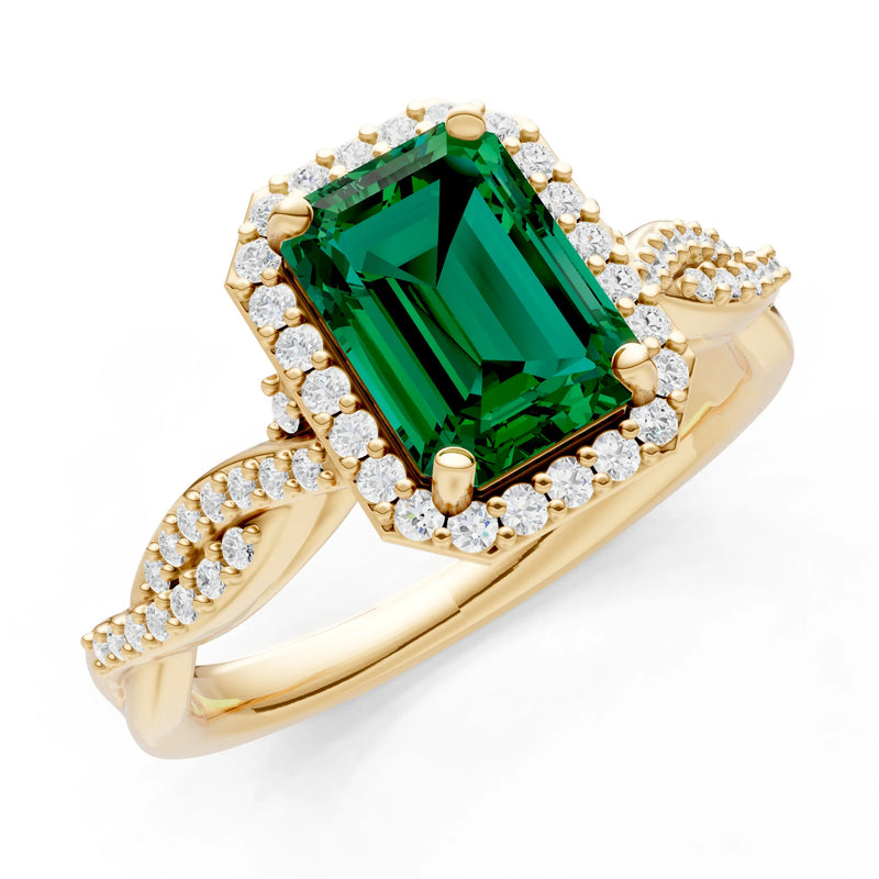 Emerald Twisted Vine Solitaire Emerald Cut Halo Ring with Accent