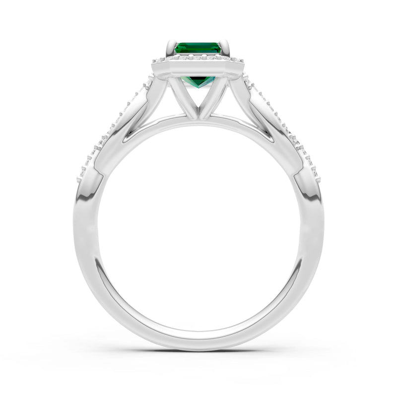 Twisted Vine Solitaire Emerald Cut Halo Ring with Accent