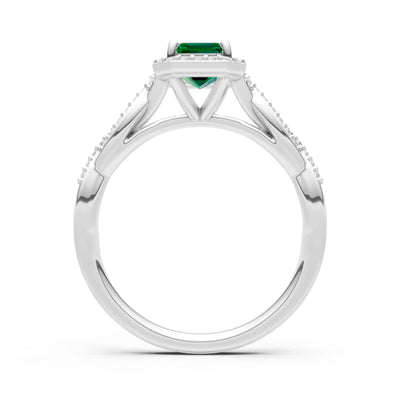 Emerald Twisted Vine Solitaire Emerald Cut Halo Ring with Accent