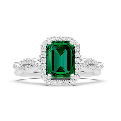 Emerald Twisted Vine Solitaire Emerald Cut Halo Ring with Accent