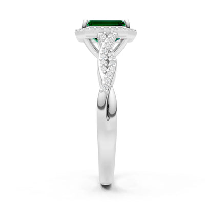 Emerald Twisted Vine Solitaire Emerald Cut Halo Ring with Accent