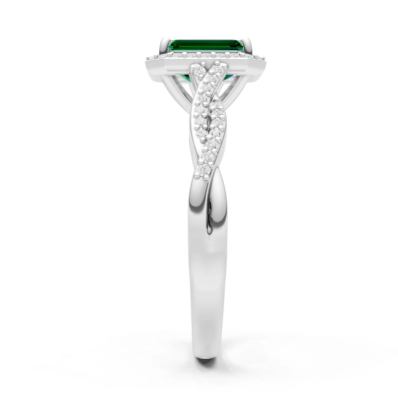 Emerald Twisted Vine Solitaire Emerald Cut Halo Ring with Accent