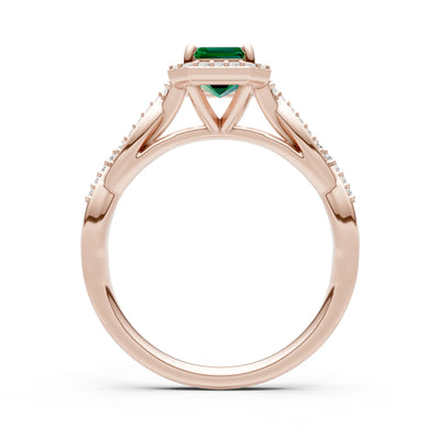 Emerald Twisted Vine Solitaire Emerald Cut Halo Ring with Accent