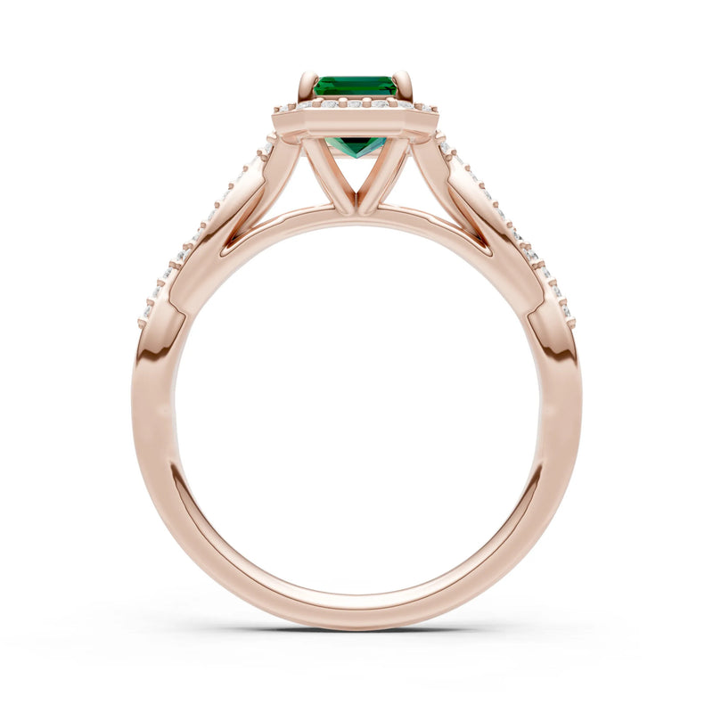 Emerald Twisted Vine Solitaire Emerald Cut Halo Ring with Accent