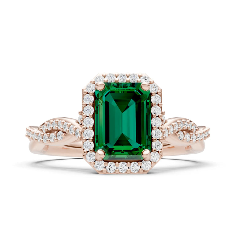 Emerald Twisted Vine Solitaire Emerald Cut Halo Ring with Accent