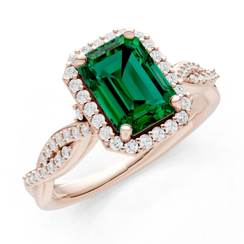 Emerald Twisted Vine Solitaire Emerald Cut Halo Ring with Accent