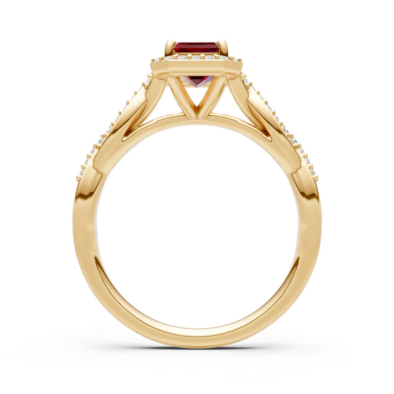 Garnet Twisted Vine Solitaire Emerald Cut Halo Ring with Accent