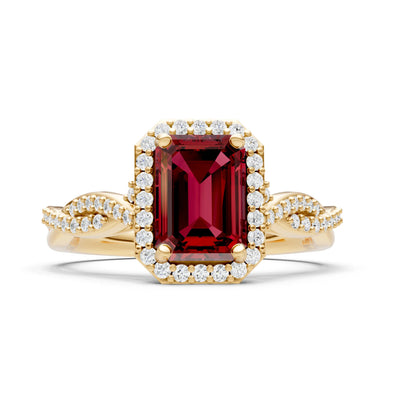 Garnet Twisted Vine Solitaire Emerald Cut Halo Ring with Accent