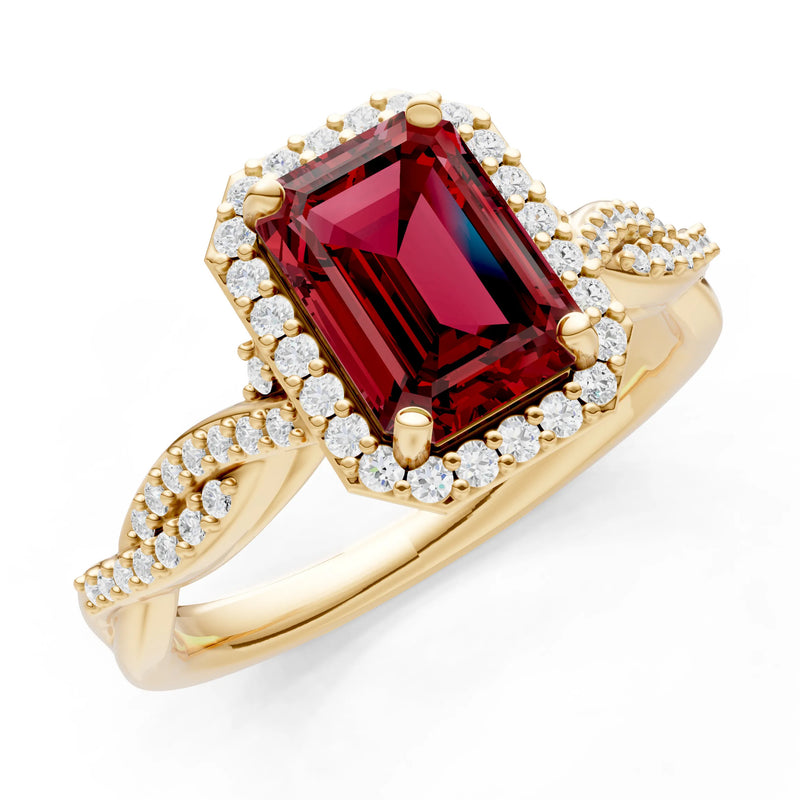 Garnet Twisted Vine Solitaire Emerald Cut Halo Ring with Accent
