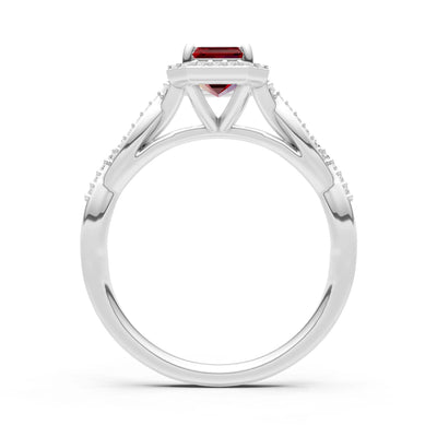 Garnet Twisted Vine Solitaire Emerald Cut Halo Ring with Accent