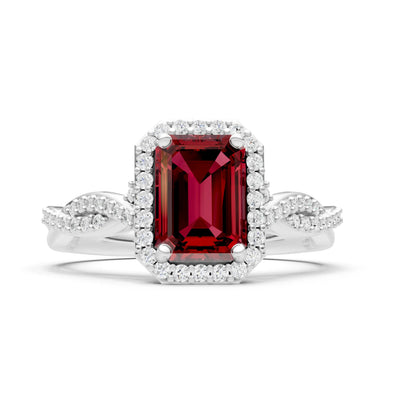 Garnet Twisted Vine Solitaire Emerald Cut Halo Ring with Accent